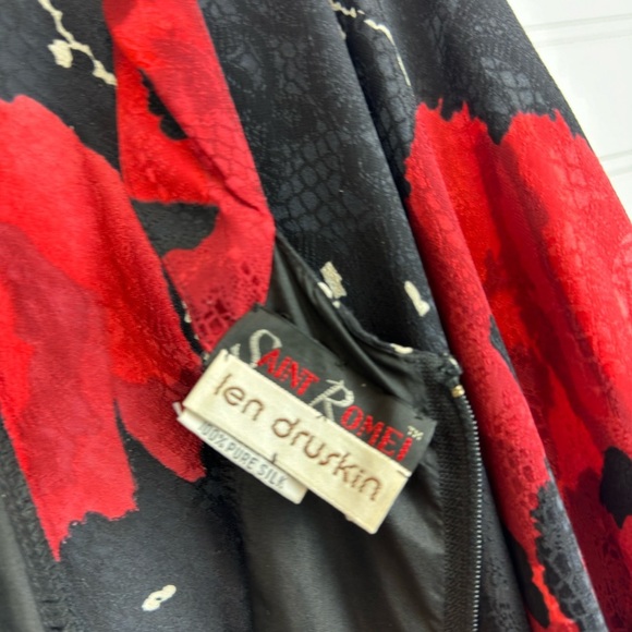 Saint Romei Vintage 80’s Dress Midi Pure Silk Black Red Floral Print Sz 10 - Picture 10 of 12